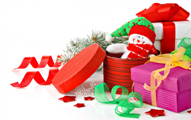 Обои картинки фото праздничные, подарки, коробочки, снеговик, игрушка, коробки
