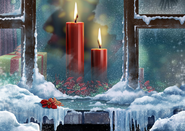 Обои картинки фото праздничные, рисованные, окно, свечи