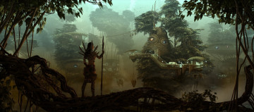 Картинка 3д+графика fantasy+ фантазия жилища лес деревья копье