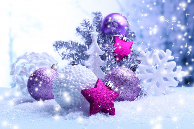 Обои картинки фото праздничные, украшения, снег, снежинка, звёзды, шарики