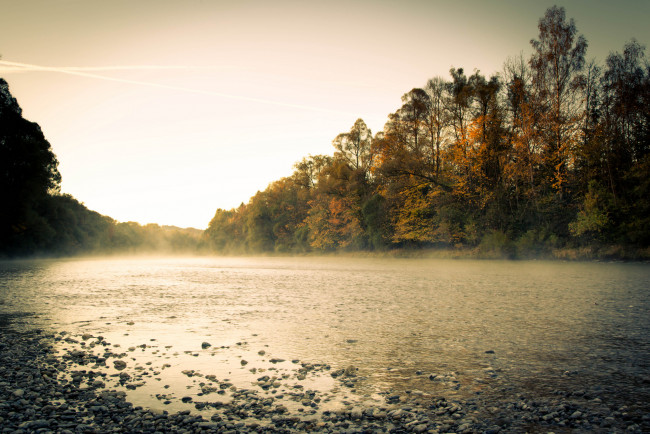 Обои картинки фото природа, реки, озера, река, туман, утро, осень, лес