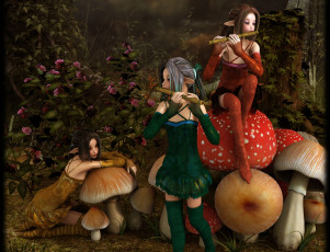 Картинка 3д+графика эльфы+ elves эльфийки дудки грибы цветы