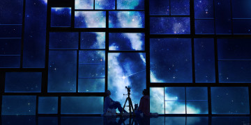 Картинка аниме unknown +другое tamagosho арт звёздное небо окна парни кимоно ночь телескоп млечный путь собака кошка животное