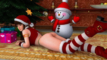 Картинка 3д+графика праздники+ holidays девушка взгляд подарки снеговик фон