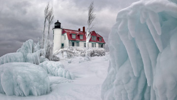 Картинка природа маяки небо облака зима лед снег маяк дом