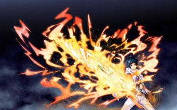 Картинка аниме оружие +техника +технологии арт youta mayoeru futari to sekai no subete парень огонь магия меч