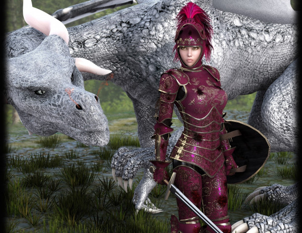Обои картинки фото 3д графика, фантазия , fantasy, фон, взгляд, девушка, дракон, меч