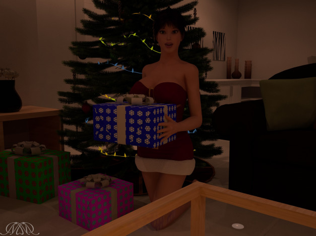 Обои картинки фото 3д графика, праздники , holidays, фон, взгляд, девушка, елка, подарки