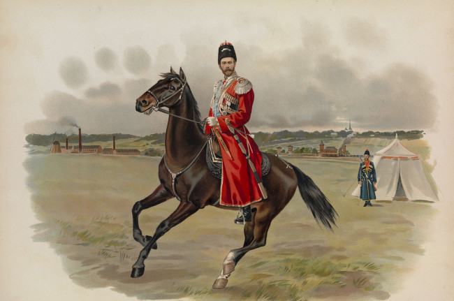 Обои картинки фото рисованное, живопись, император, всероссийский, николай, ii, казачья, форма, лошадь