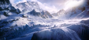Картинка рисованное природа горы туман перевал снег скалы