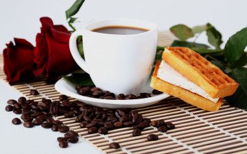 Картинка еда кофе +кофейные+зёрна розы зерна вафли