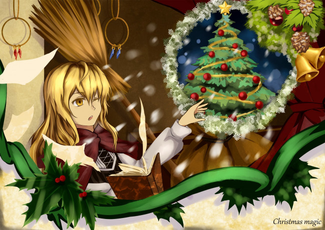 Обои картинки фото аниме, touhou, девушка, арт, елка, kirisame, marisa, tagme, artist, рождество