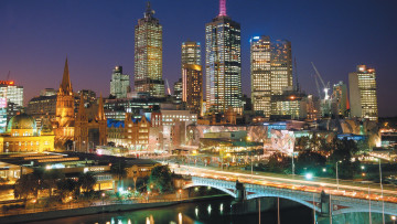 обоя города, мельбурн , австралия, набережная, вечер, река, мост