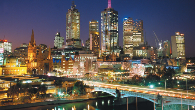 Обои картинки фото города, мельбурн , австралия, набережная, вечер, река, мост