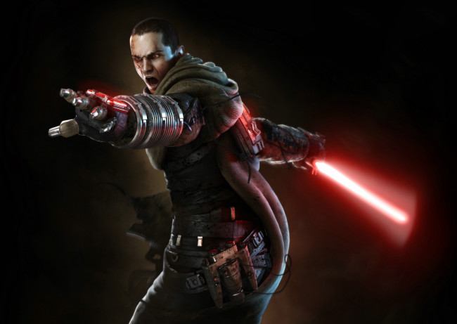 Обои картинки фото видео игры, star wars,  the force unleashed, боец, меч, амуниция, крик