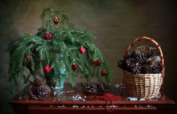 Картинка праздничные -+разное+ новый+год корзинка шишки елочные ветки сердечки