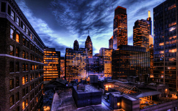 обоя города, филадельфия , сша, панорама, вечер, огни