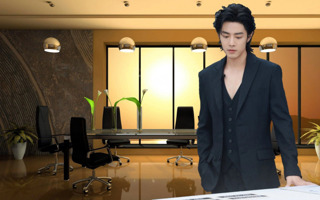 Обои картинки фото мужчины, xiao zhan, актер, костюм, стол