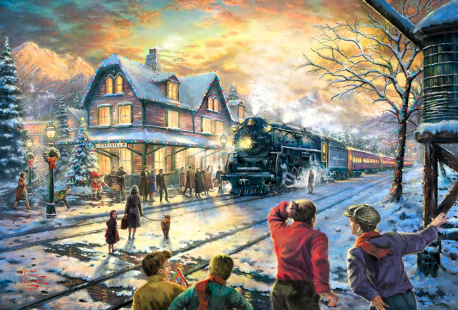 Обои картинки фото рисованное, thomas kinkade, люди, здания, поезд, ёлка