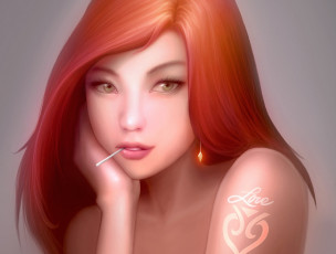 Картинка 3д графика portraits портрет татуировка рыжая love палочка рука девушка