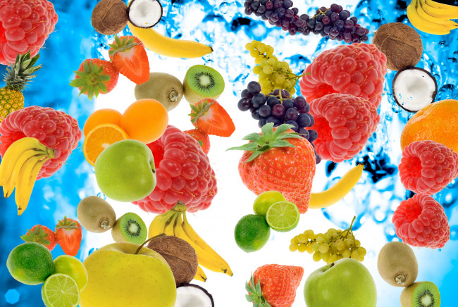 Обои картинки фото еда, фрукты, ягоды, малина, клубника, бананы, лайм, ассорти, яблоки, ананас, виноград, апельсины, киви, кокос