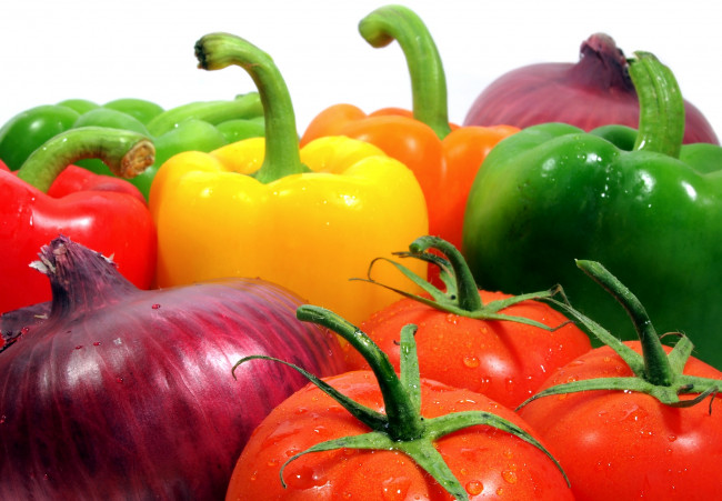 Обои картинки фото еда, овощи, перец, лук, помидоры, томаты