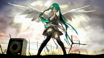 Картинка by+loundraw аниме vocaloid крылья форма девушка облака музыка небо колонка песня микрофон hatsune miku
