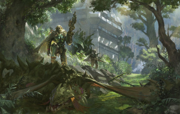 Картинка фэнтези иные+миры +иные+времена лес дракон воины автоматы солдаты