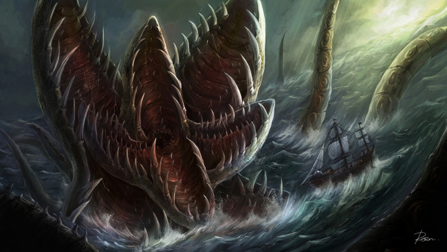 Обои картинки фото фэнтези, существа, монстр, парусник, гибель, море, кракен, чудовище, корабль