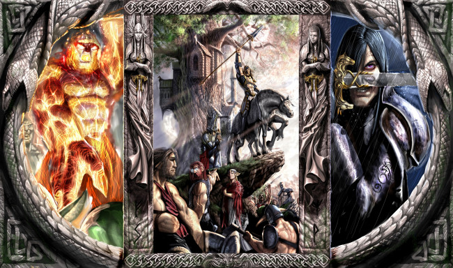 Обои картинки фото фэнтези, эльфы, триптих, меч, орки, монстр, воины