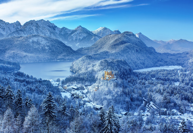 Обои картинки фото города, - пейзажи, гогеншвангау, лес, зима, снег, горы, озёра, хоэншвангау, германия, южная, бавария, замок