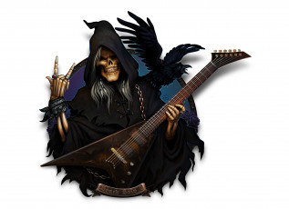 Картинка рисованное комиксы гитара капюшон скелет ворон