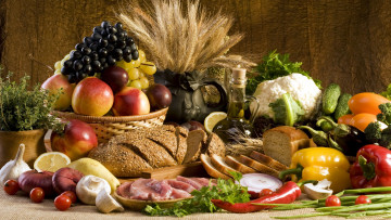 Картинка еда разное хлеб овощи мясо фрукты масло