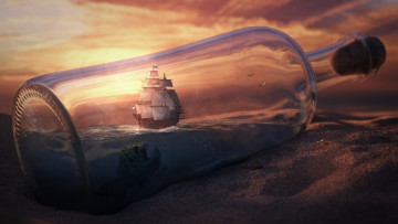 обоя фэнтези, корабли, бутылка, кораблик