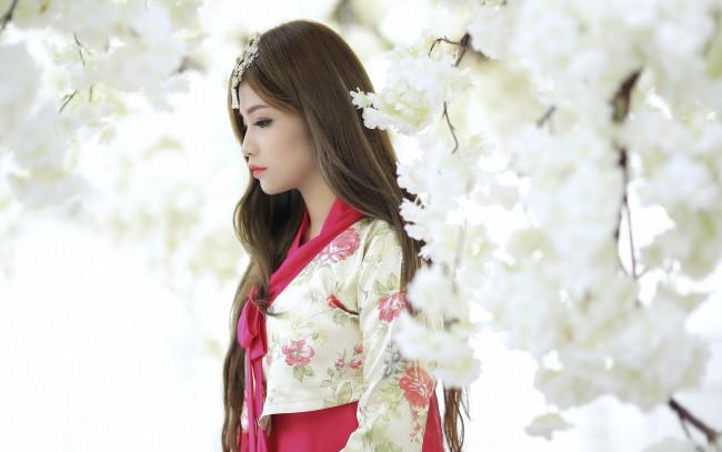 Обои картинки фото девушки, -unsort , азиатки, цветение, деревья, азиатка, костюм
