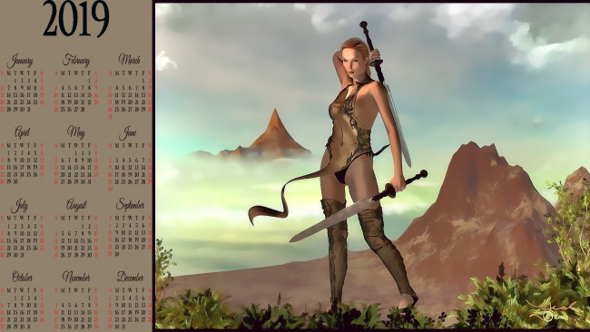 Обои картинки фото календари, фэнтези, девушка, гора, скала, растения, оружие