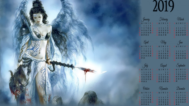 Обои картинки фото календари, фэнтези, девушка, крылья, убитый, оружие