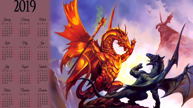 Обои картинки фото календари, фэнтези, посох, дракон, борьба