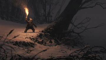 Картинка фэнтези существа зимний лес дерево огонь ночь снег факел гном