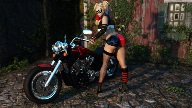 Обои картинки фото 3д графика, фантазия , fantasy, девушка, фон, униформа, мотоцикл