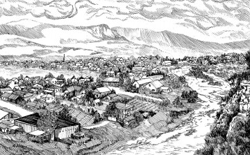 Картинка рисованное города горы поселок графика
