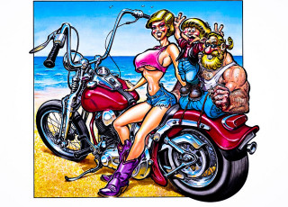 обоя рисованное, люди, мотоцикл, девушка, мужчина, ребенок
