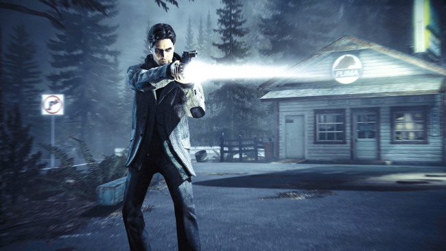 Обои картинки фото видео игры, alan wake, мужчина, фонарь, оружие, постройка