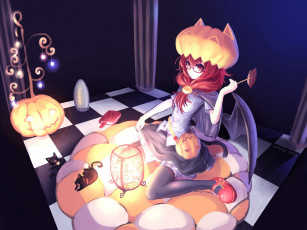Картинка аниме halloween magic хелуин девушка кошки тыквы костюм магия ведьма книга лампа