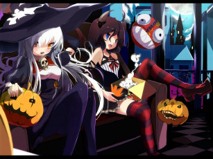 Картинка аниме halloween magic хелуин ведьма демон девушки тыквы костюмы диван город ночь чубрик