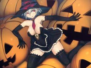 обоя аниме, halloween, magic, тыквы, ведьма, девушка, хелуин, костюм, шляпа