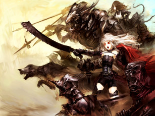 Картинка аниме pixiv fantasia девушка демон рог меч война сражение чудовища