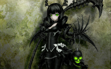 Картинка аниме black rock shooter девушка демон рога крылья коса смерти череп цепь