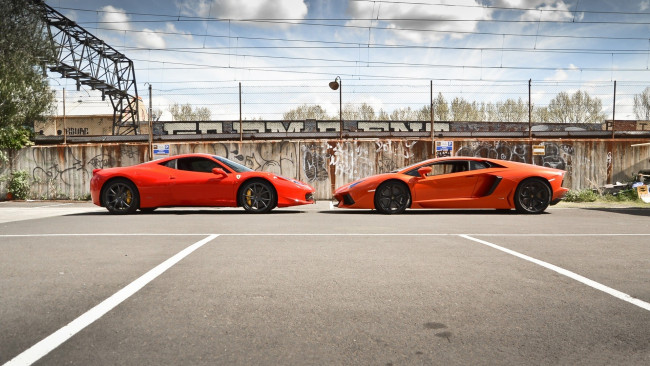 Обои картинки фото автомобили, разные вместе, ferrari, 458, italia, lamborghini, aventador