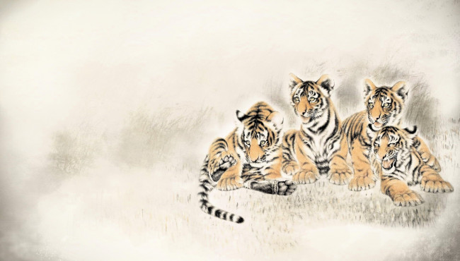 Обои картинки фото рисованное, животные,  тигры, тигрята